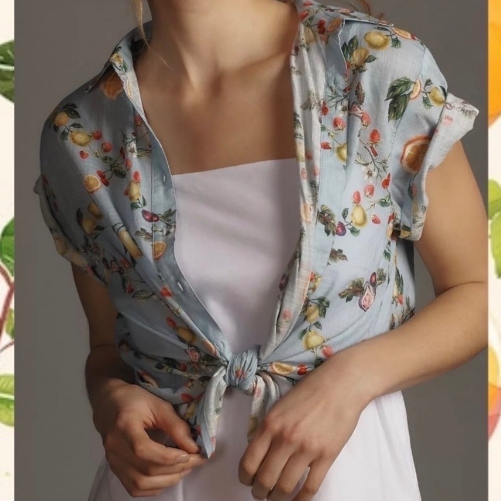 Anthropologie Maeve Fruit‎ Print Button Down Top Short Sleeve Henrietta - Small